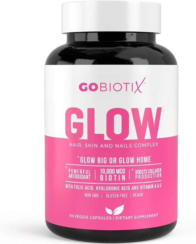 Glow Vitamins – Hair Skin and Nails Multivitamin Supplement – 10,000mcg Biotin Pills with Hyaluronic Acid, Folate, Iron, Magnesium, and Zinc – Boosts Collagen Production, Hair Growth, 90 Capsules