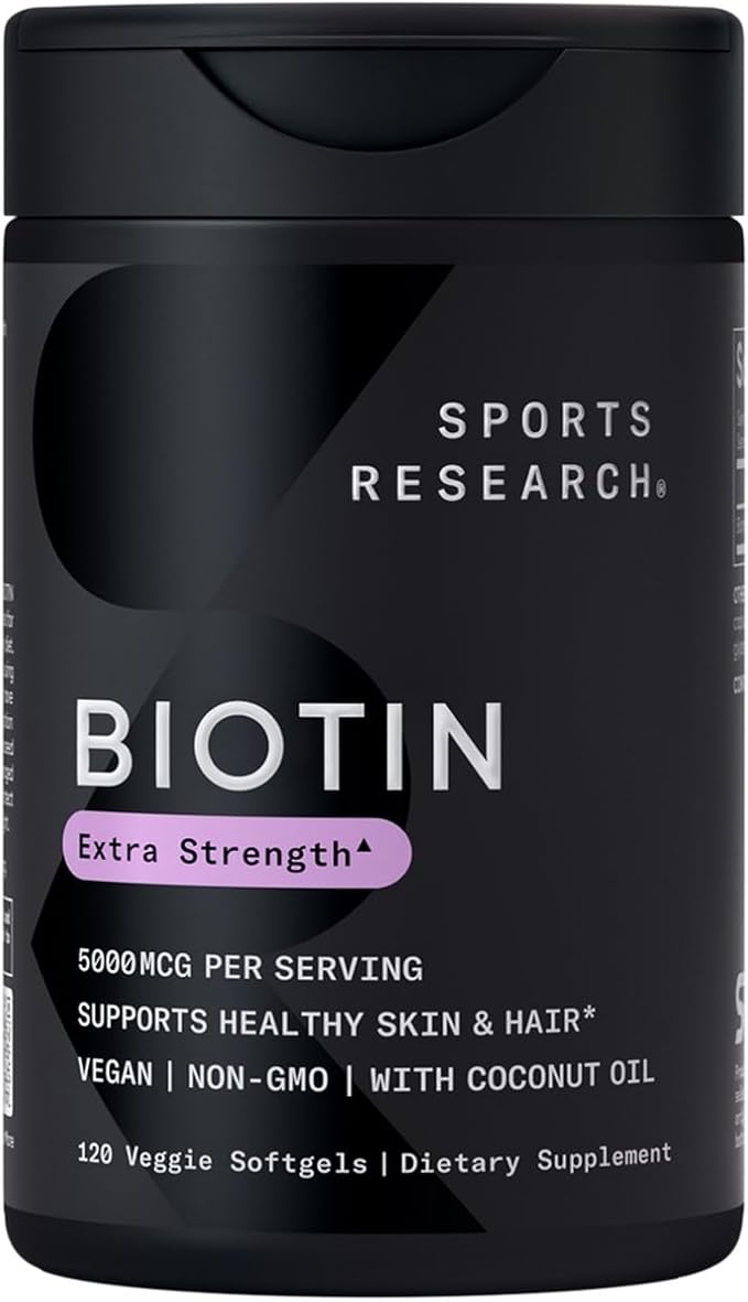 Sports Research Vegan Biotin 5000mcg with Organic Coconut Oil – Extra Strength Biotin Vitamin B7 for Healthier Hair & Skin + Keratin Support – Non-GMO & Gluten Free, 120 Softgels (4 Month Supply)