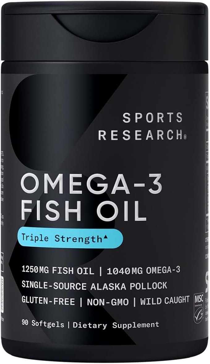 Sports Research Triple Strength Omega 3 Fish Oil – Burpless Fish Oil Supplement w/EPA & DHA Fatty Acids from Single-Source Wild Alaska Pollock – 1250 mg, 90 ct