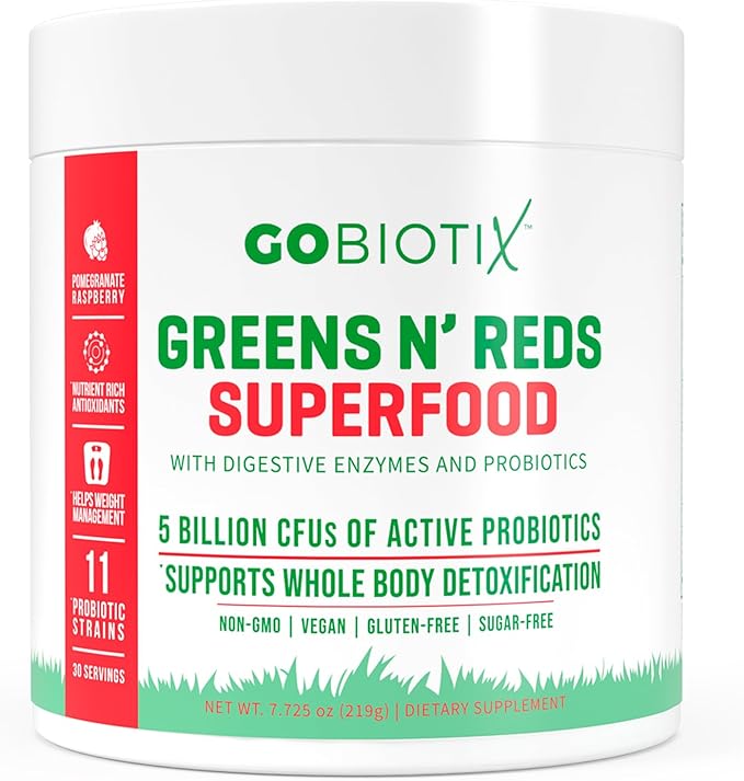 GOBIOTIX Super Greens and Reds Powder – Red and Green Superfood – Probiotic Supplement – Digestive Enzymes and Beet Root Powder – Organic Whole Foods Dietary Supplement (Pom Raspberry, 1 Pack)