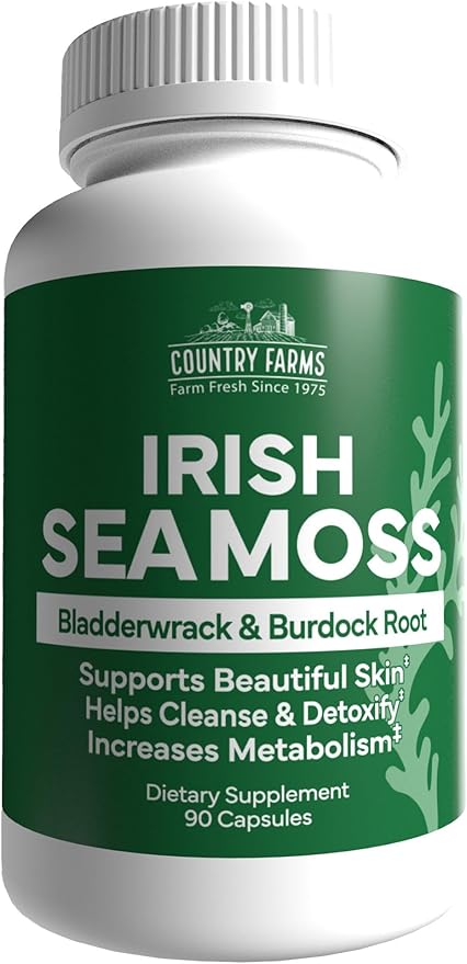 COUNTRY FARMS Irish Sea Moss Capsules, Supports Beautiful Skin, Immune Support, Promotes Healthy Gut, Radiant Skin and Natural Energy Levels, Burdock Root, Irish Moss and Bladderwrack, 90 Capsules