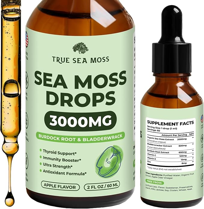 3000mg Sea Moss Liquid Drops – Black Seed Oil & Irish Sea Moss – Immunity, Joint & Digestive Support (2 Fl Oz, Apple)