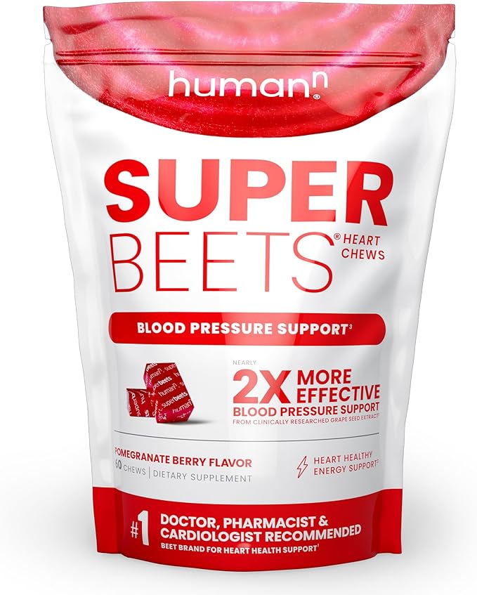 humanN SuperBeets Heart Chews, Nitric Oxide and Blood Pressure Support, Grape Seed Extract & Non-GMO Beet Root Powder Energy Chews, Super Beets Heart Chews, Pomegranate Berry Flavor, 60 Count