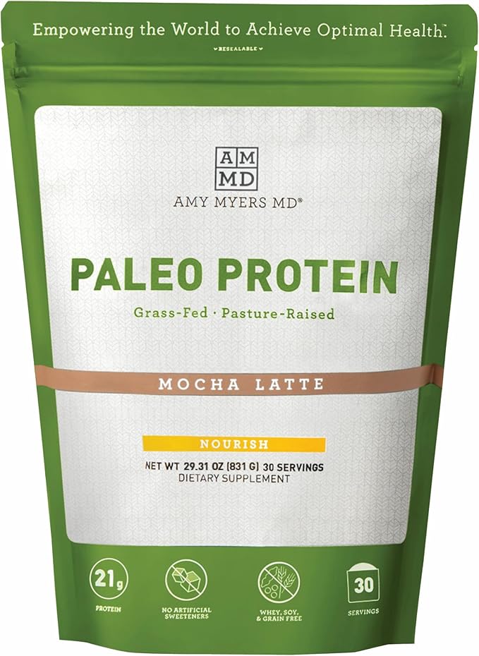 Amy Myers MD Paleo Protein Powder – Clean Grass Fed, Pasture Raised Hormone Free Protein, Non-GMO, Gluten & Dairy Free – Perfect for Keto and Paleo Diet- Mocha Latte – 29.31 oz (831 g)