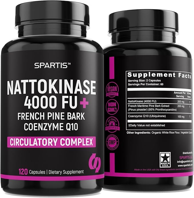 Nattokinase Supplement 4000 FU CoQ10 100mg French Maritime Pine Bark Extract 200mg with Enzymes for Circulatory & Cardiovascular Support (Pack of 1 at 120-Caps)