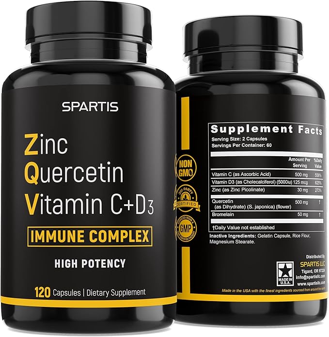 Zinc Quercetin 500mg with Vitamin C Vitamin D3 Bromelain Immune Support High Potency Quercetin Zinc Supplement ZQV by SPARTIS (Pack of 1 Bottle at 120-Caps)