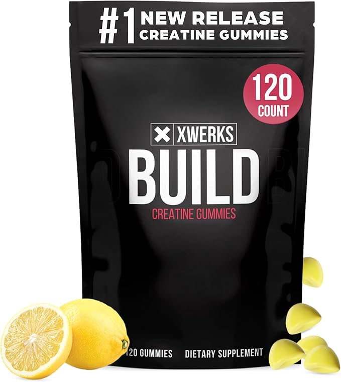 Xwerks Build Creatine Gummies for Men & Women (120 Ct.) 100% Pure Creatine Monohydrate – Lemon Flavored Muscle Building Creatine Gummy (4g Creatine/Serving) Pre Workout Anti-Melting Gummies (5,000mg)