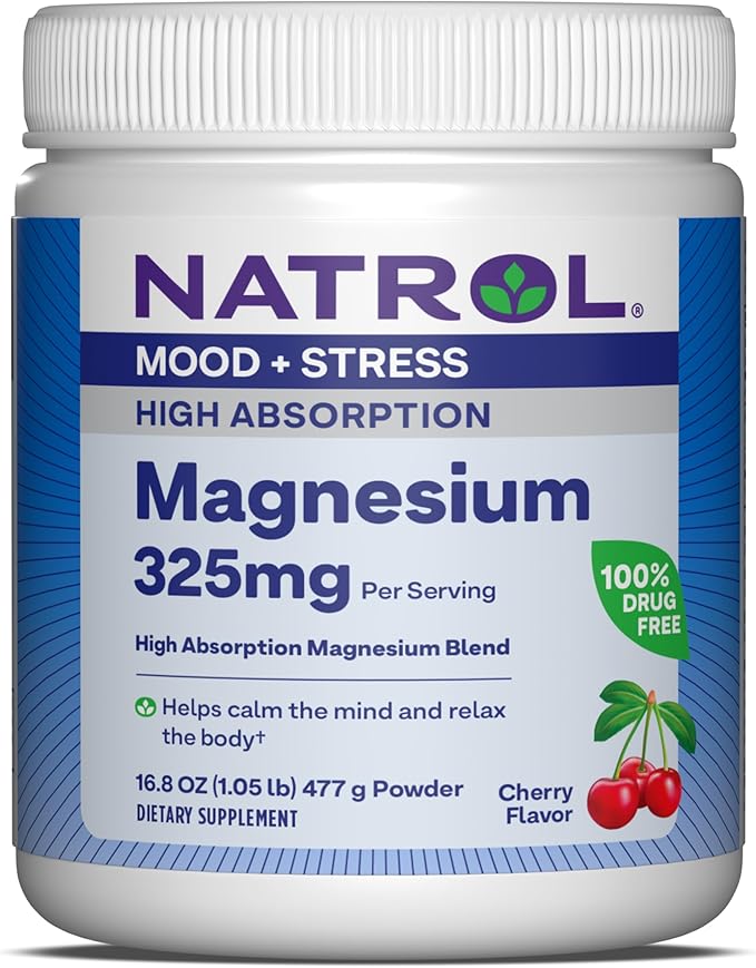 Natrol Mood + Stress Magnesium Carbonate and Magnesium Glycinate Blend 325mg with Potassium 232mg, Dietary Supplement Occasional Stress Support, 16.8 oz Cherry-Flavored Powder, 45-Day Supply