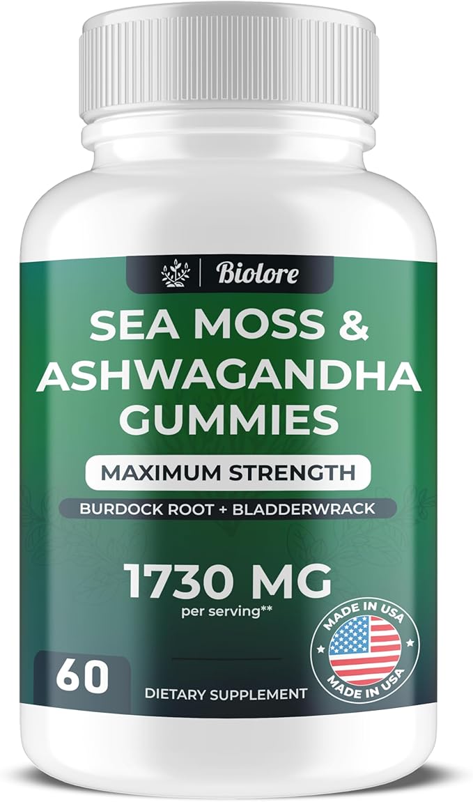 Sea Moss Gummies with Ashwagandha 1730 MG, High Potency, Irish Sea Moss, Burdock Root, Bladderwrack Extract, Digestive & Immune Support – Vegan, Non-GMO, Gluten-Free (60 Count)