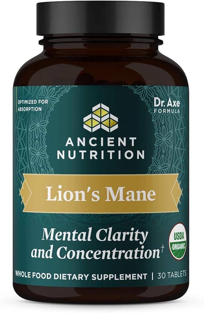 Ancient Nutrition Organic Lion’s Mane Mushroom Supplement with Ashwagandha, Organic Lion’s Mane Supports Healthy Energy and Concentration, Reduces Fatigue, Gluten Free and Keto Friendly, 30 Tablets