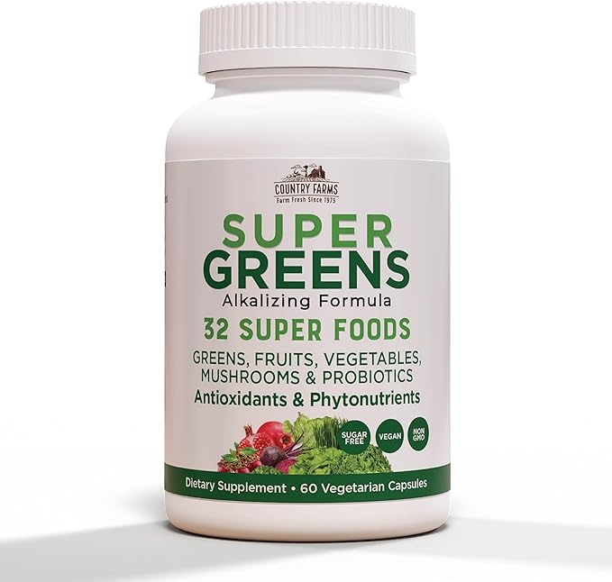 COUNTRY FARMS Super Greens Vegicaps, 32 Super Foods, Whole Food Supplement, Greens, Fruit, Vegetables, Mushrooms & Probiotics, Rich in Antioxidants & Phytonutrients, 60 Count, 30 Servings