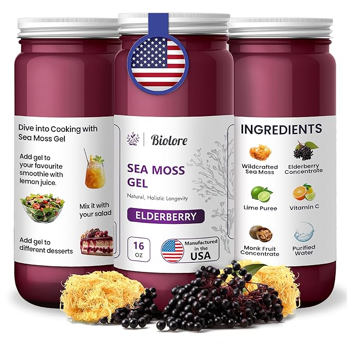Biolore Sea Moss Gel 7700mg Elderberry 750mg Made in USA Raw Wildcrafted Irish Seamoss Essential Vitamins Trace Minerals Vegan Superfood, Jam, Jelly & Sweet Spread Gifts (Elderberry 16OZ)