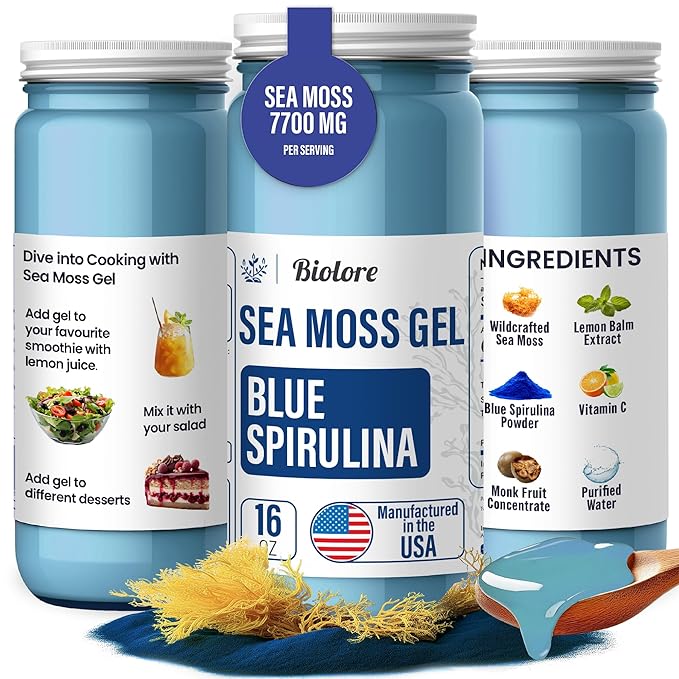Sea Moss Gel 7700mg Blue Spirulina Made in USA Raw Wildcrafted Irish Seamoss Essential Vitamins Trace Minerals Vegan Superfood for Immune Support, Jam, Jelly & Sweet Spread Gifts (Blue Spirulina 16OZ)