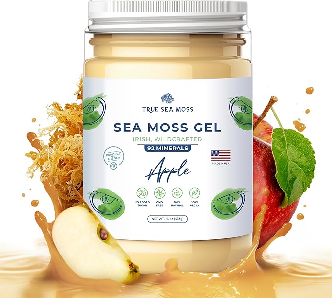 TrueSeaMoss Wildcrafted Irish Sea Moss Gel – Made with Dried Seaweed & Fresh Sea Vegetables, Seamoss Made in USA (Apple, Pack of 1)