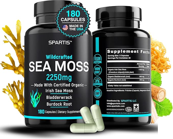 Certified Organic Sea Moss Capsules 2250mg Wildcrafted Irish Sea Moss Burdock Root Bladderwrack Supplement for Energy Gut Health Skin & Joint Support Raw Seamoss Pills & Powder (Pack of 1 at 180-Caps)