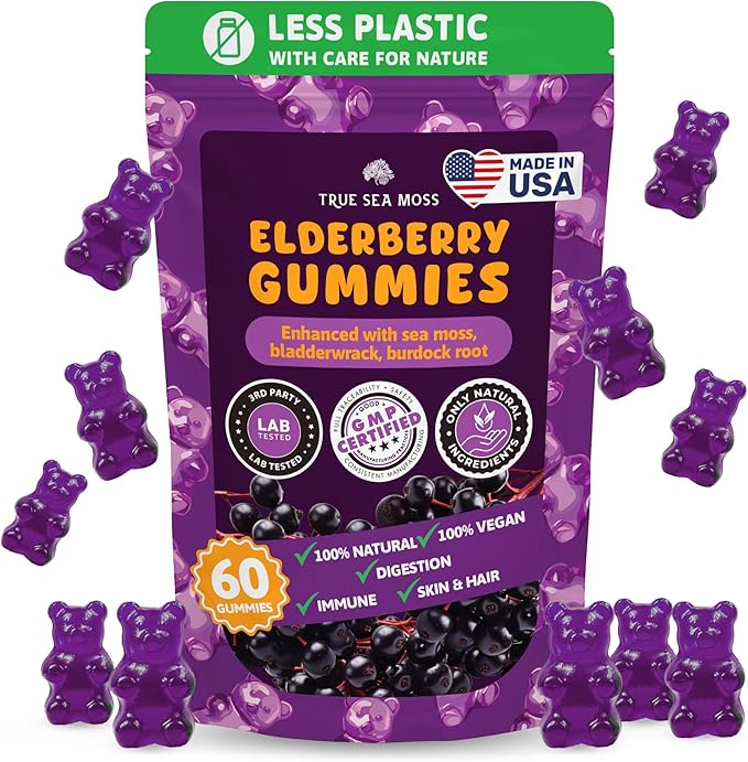Elderberry Gummies with Irish Sea Moss, Burdock Root, Bladderwrack, 60 pcs Gummies, Immune Support, Energy, Bag Pack of 1
